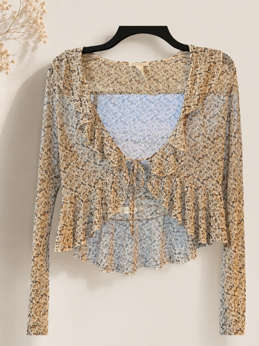 FULL TILT Y2K Sheer Floral Ruffle Tie Front Top Boho Fairy Grunge Mesh